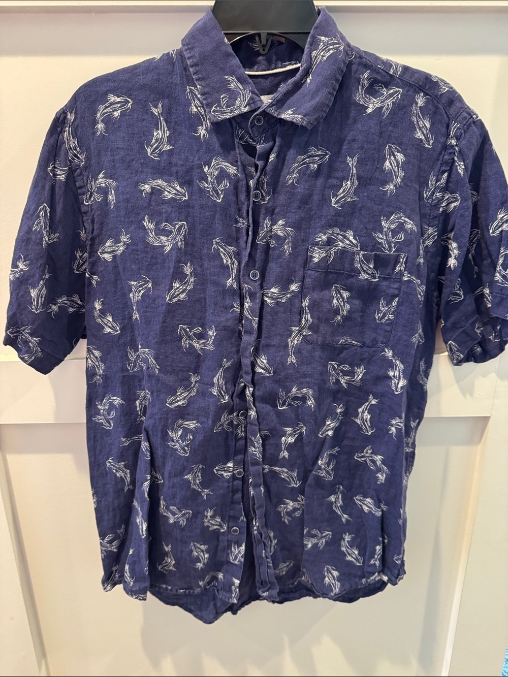 Peter Millar Navy Short Sleeve Button-Down with White Fish Print